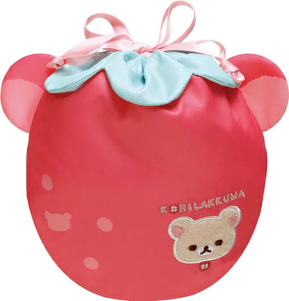 Rilakkuma轻松熊｜草莓日系列布制刺绣草莓熊头束口袋/巾着/内里也可爱｜約210×205mm