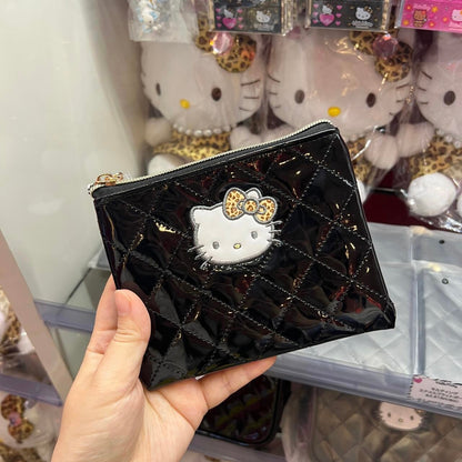 Hello Kitty凯蒂猫｜Quilting Enamel Flat Pouch Black豹纹黑色方形菱格纹拉链零钱包挂件/小收纳包/正反面都可爱