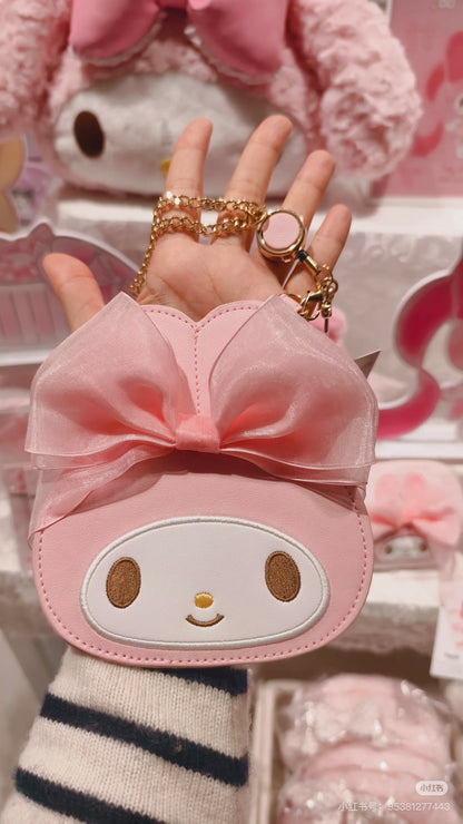 Sanrio三丽鸥｜My Melody Birthday 50th Anniversary Princess Ribbon Pass Case美乐蒂50周年生日粉桃甜心系列脸型可伸缩皮质感卡包/包挂｜约1.6 x 14.5 x 13.0cm
