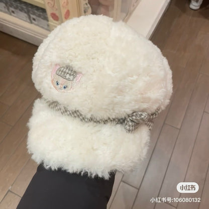 Disney SH｜侦探贝儿千鸟格羊羔绒蝴蝶结贝雷帽｜头围57cm