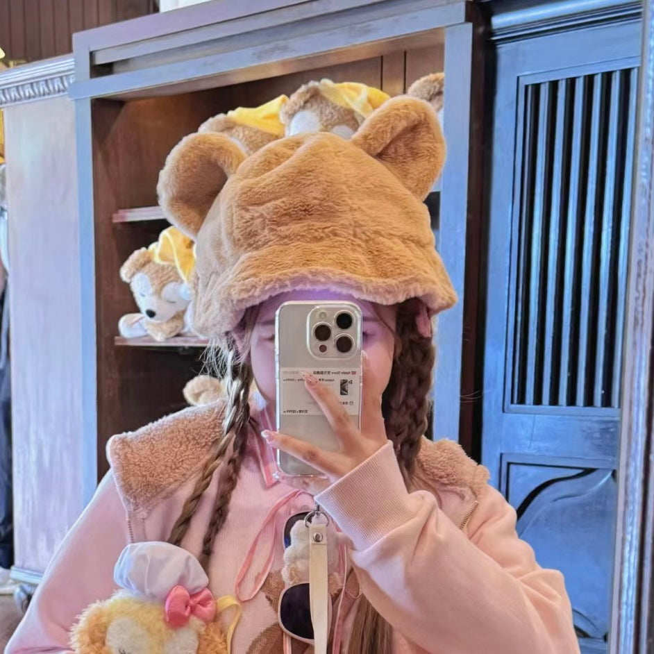 Disney｜duffy达菲限定毛茸茸奶茶色耳朵渔夫帽/反面更可爱/还有小尾巴