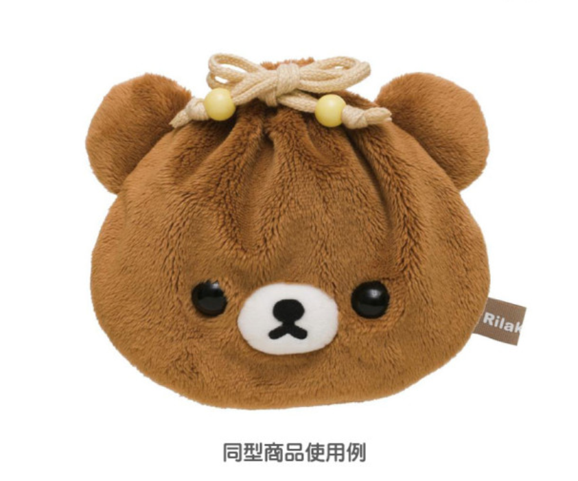 Rilakkuma轻松熊｜ San-X Plush Drawstring Purse脸型毛绒巾着/束口收纳包｜约180×230mm