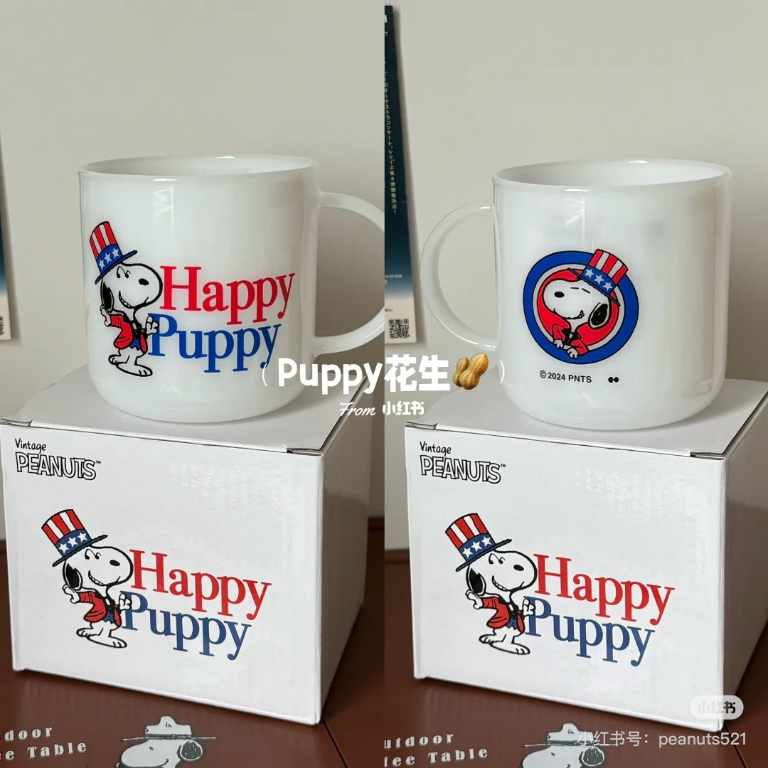 Snoopy史努比｜Peanuts glass mug /Friends Happy Puppy Rainbow快乐朋友彩虹大容量马克杯/水杯/咖啡杯/奶白玻璃质感｜440ml