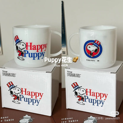 Snoopy史努比｜Peanuts glass mug /Friends Happy Puppy Rainbow快乐朋友彩虹大容量马克杯/水杯/咖啡杯/奶白玻璃质感｜440ml