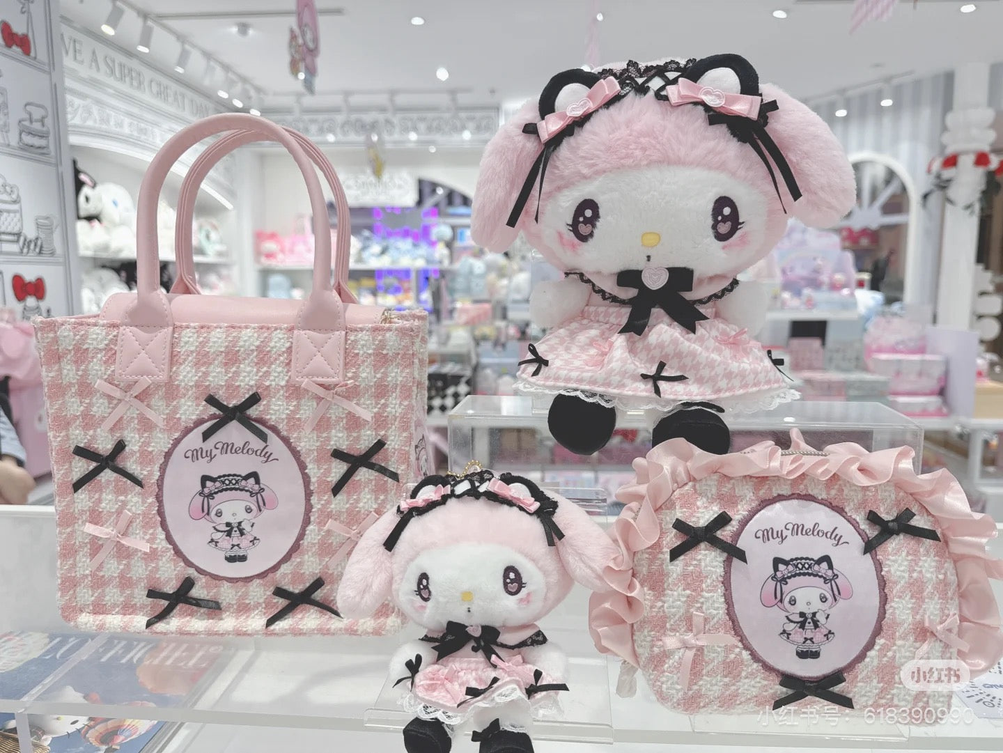 Sanrio三丽鸥｜ Dream Ribbon Pouch梦幻蕾丝蝴蝶结千鸟格女仆地雷系化妆包/收纳包/零钱包｜约 16.5×6×11.5cm