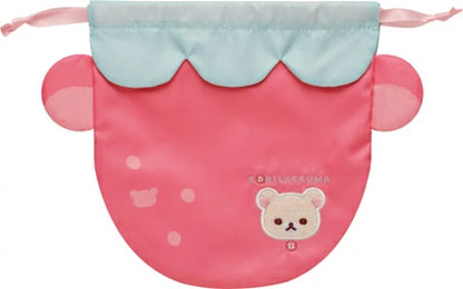 Rilakkuma轻松熊｜草莓日系列布制刺绣草莓熊头束口袋/巾着/内里也可爱｜約210×205mm