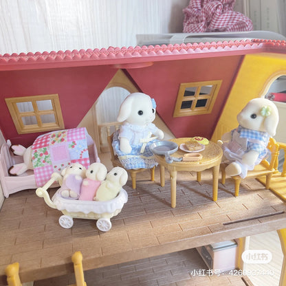 SylvanianFamilies森贝儿家族｜Flora Rabbit Family芙罗拉垂耳兔家族一家五口三胞胎套组/玩具/过家家5735