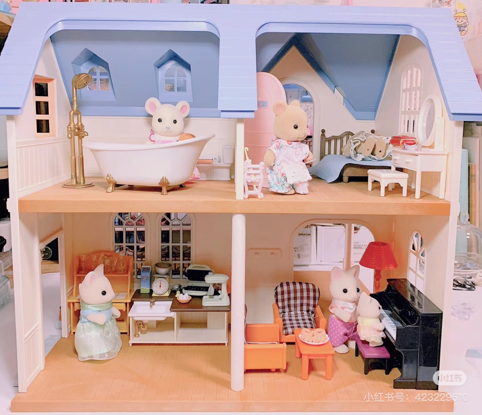 SylvanianFamilies森贝儿家族｜Courtyard Home Gift Set-Floral Cat蓝色度假别墅+丝绸猫套组/玩具/过家家5609