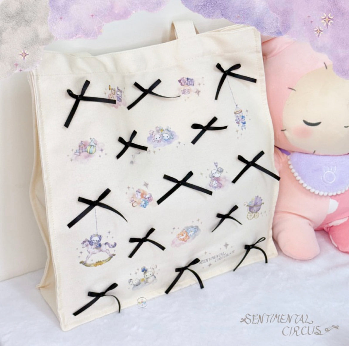 Sentimental Circus｜San-X Tote Bag - Sentimental Circus : Spica and the Child of the Constellation Black Ribbon｜350×350×110mm approx.