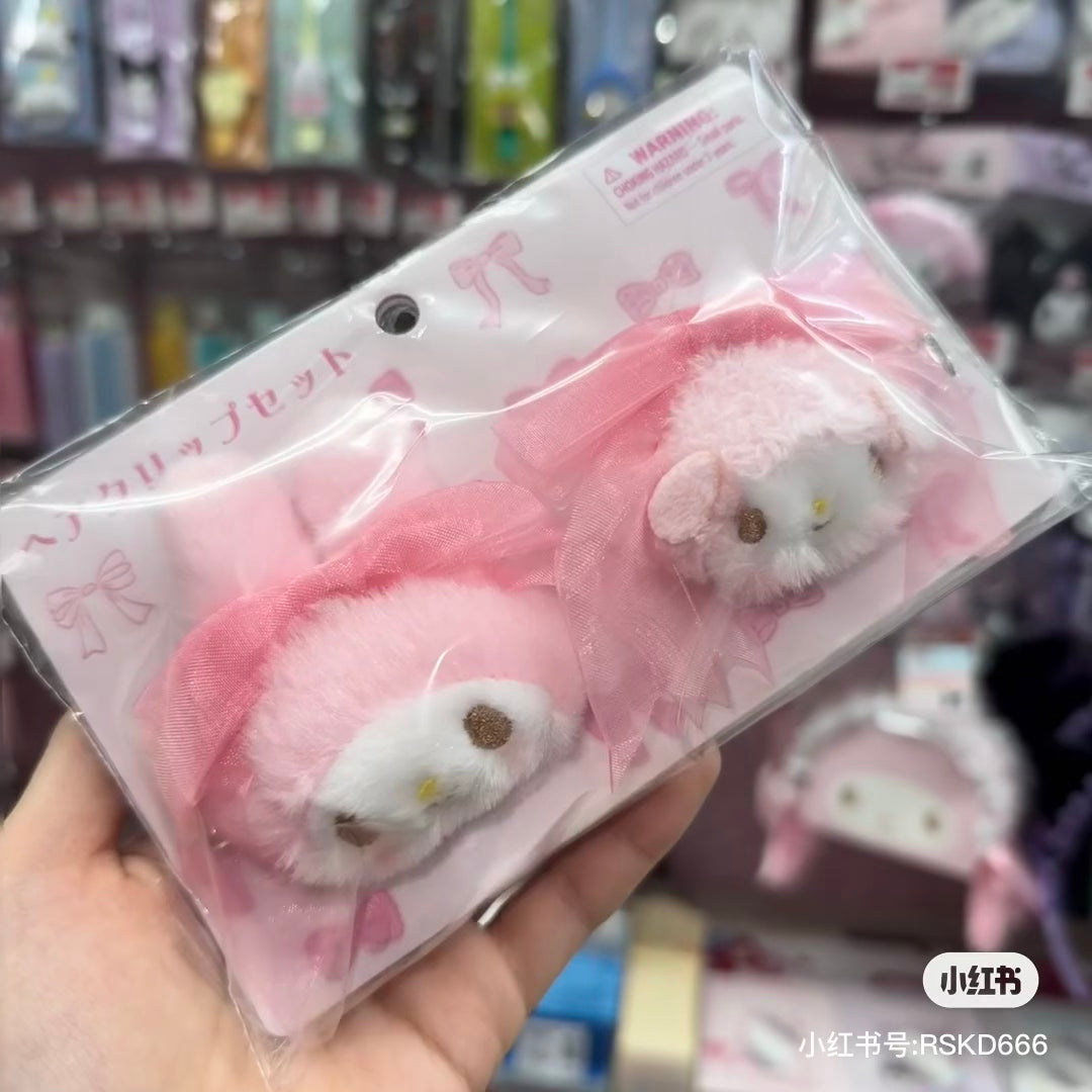 Sanrio｜My Melody Hair Clip Set  Princess Ribbon甜美美乐蒂50周年生日系列粉色脸型毛绒玩偶发夹/刘海夹1对｜约15.9 x 10.8 x 2.8cm