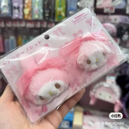 Sanrio｜My Melody Hair Clip Set  Princess Ribbon甜美美乐蒂50周年生日系列粉色脸型毛绒玩偶发夹/刘海夹1对｜约15.9 x 10.8 x 2.8cm