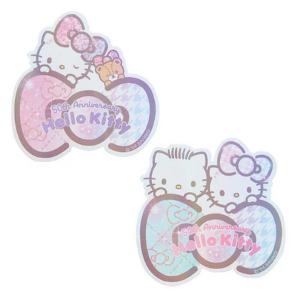 HelloKitty凯蒂猫｜Sticker w/ Pouch Birthday 50th The Fashionable Ribbons Sanrio50周年生日限定PVC镭射/极光透明爱心扣迷你零钱包+贴纸套装｜约W8×D1.5×H7cm