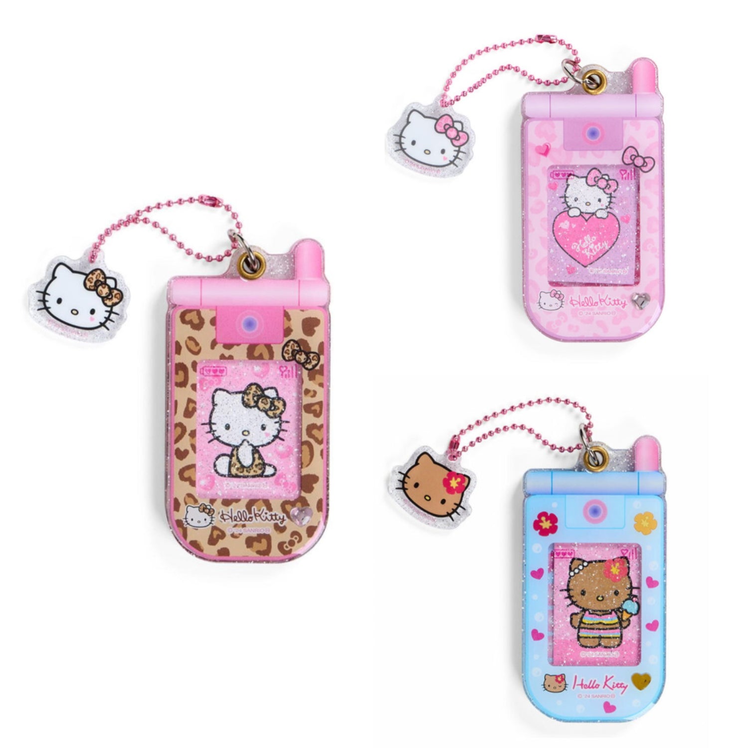 Hello Kitty凯蒂猫｜ Sanrio Slide Flip Phone Keychain/ Gogo Gal Collection Leopard Pink怀旧复古辣妹系列翻盖手机造型钥匙扣挂件/包挂｜约4.5×0.7×9cm