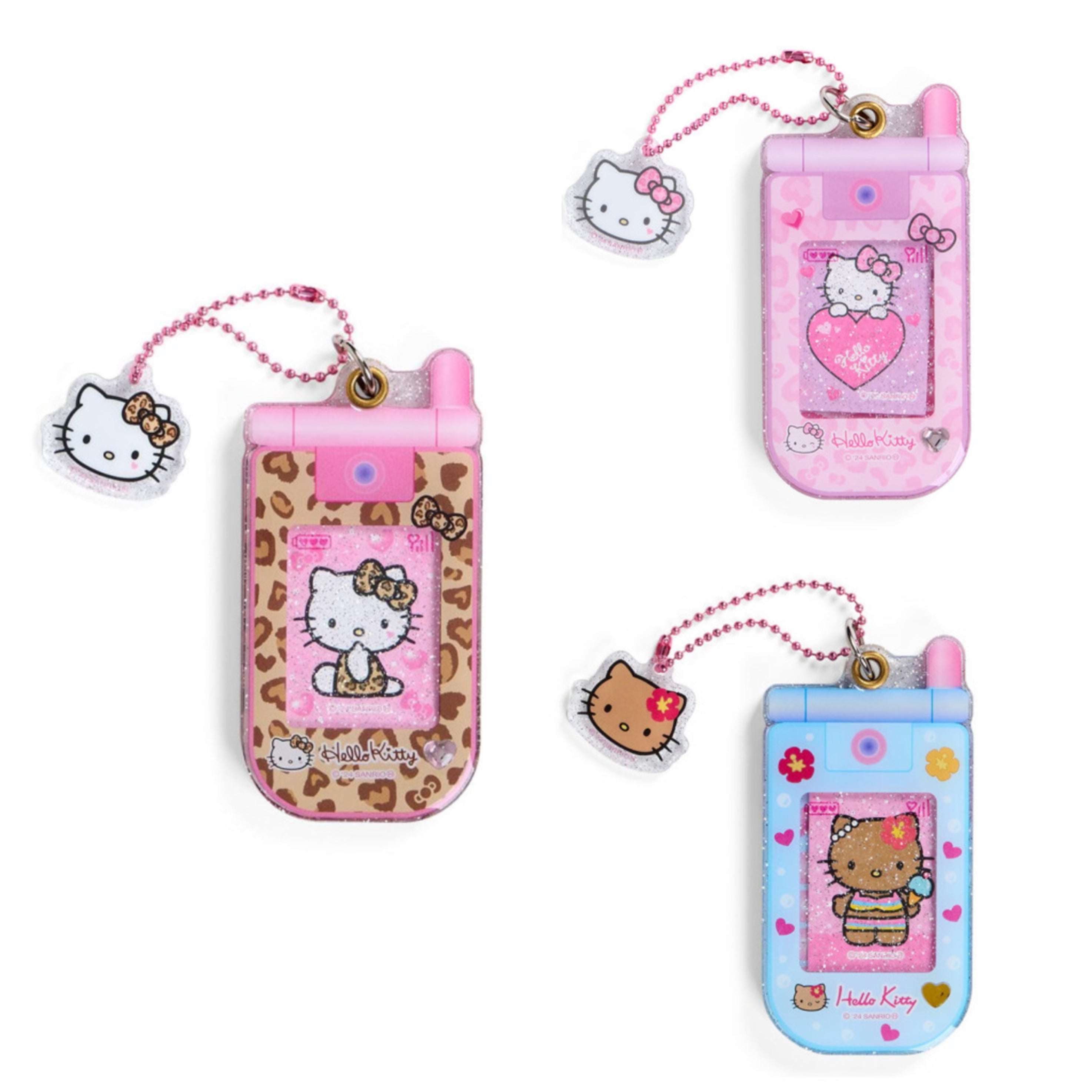 Hello Kitty凯蒂猫｜ Sanrio Slide Flip Phone Keychain/ Gogo Gal Collection Leopard Pink怀旧复古辣妹系列翻盖手机造型钥匙扣挂件/包挂｜约4.5×0.7×9cm