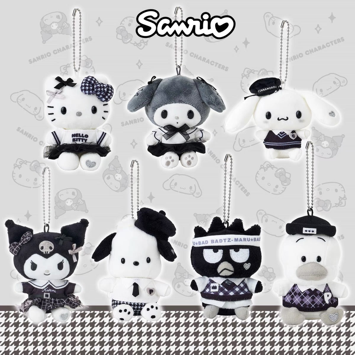Sanrio三丽鸥｜Mascot Holder Monotone黑白印象千鸟格系列可爱角色毛绒玩偶挂件/包挂｜约7.5×5×11cm