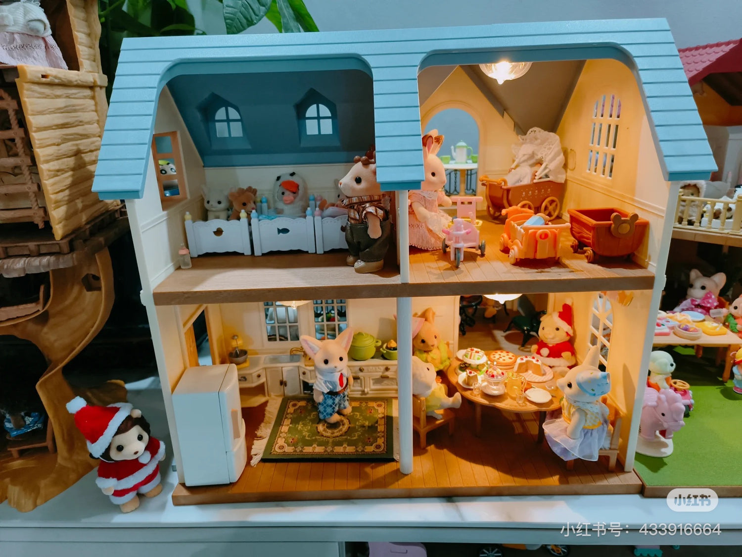 SylvanianFamilies森贝儿家族｜Courtyard Home Gift Set-Floral Cat蓝色度假别墅+丝绸猫套组/玩具/过家家5609