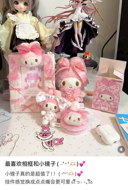 Sanrio三丽鸥｜My Melody Birthday 50th Anniversary Princess Ribbon Mirror美乐蒂50周年生日粉桃甜心系列毛茸茸脸型折叠化妆镜/正反面都可爱