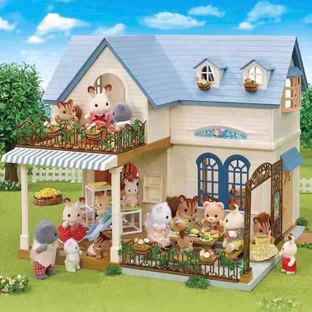 SylvanianFamilies森贝儿家族｜Courtyard Home Gift Set-Floral Cat蓝色度假别墅+丝绸猫套组/玩具/过家家5609
