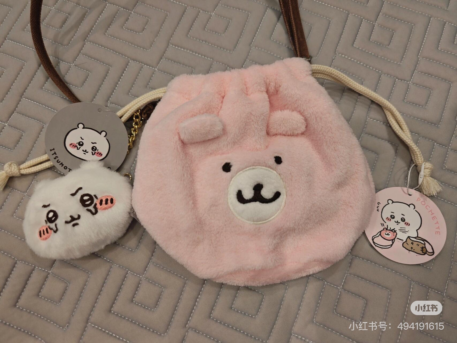 chiikawa吉伊卡哇｜Marimocraft Chiikawa Face Bag Kuma-san Pochett粉色脸型抽绳毛绒收纳包/巾着｜约 H160 x W160 x D10mm
