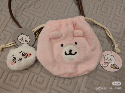 chiikawa吉伊卡哇｜Marimocraft Chiikawa Face Bag Kuma-san Pochett粉色脸型抽绳毛绒收纳包/巾着｜约 H160 x W160 x D10mm