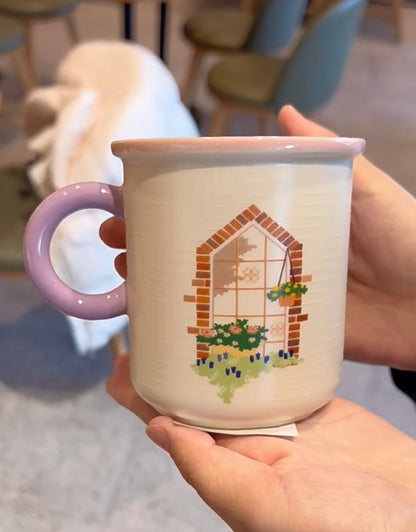 Starbucks星巴克｜2023春夏田园小花限定窗景陶瓷马克杯/淡粉色杯口边/淡紫色手柄/凸感线条｜355ml
