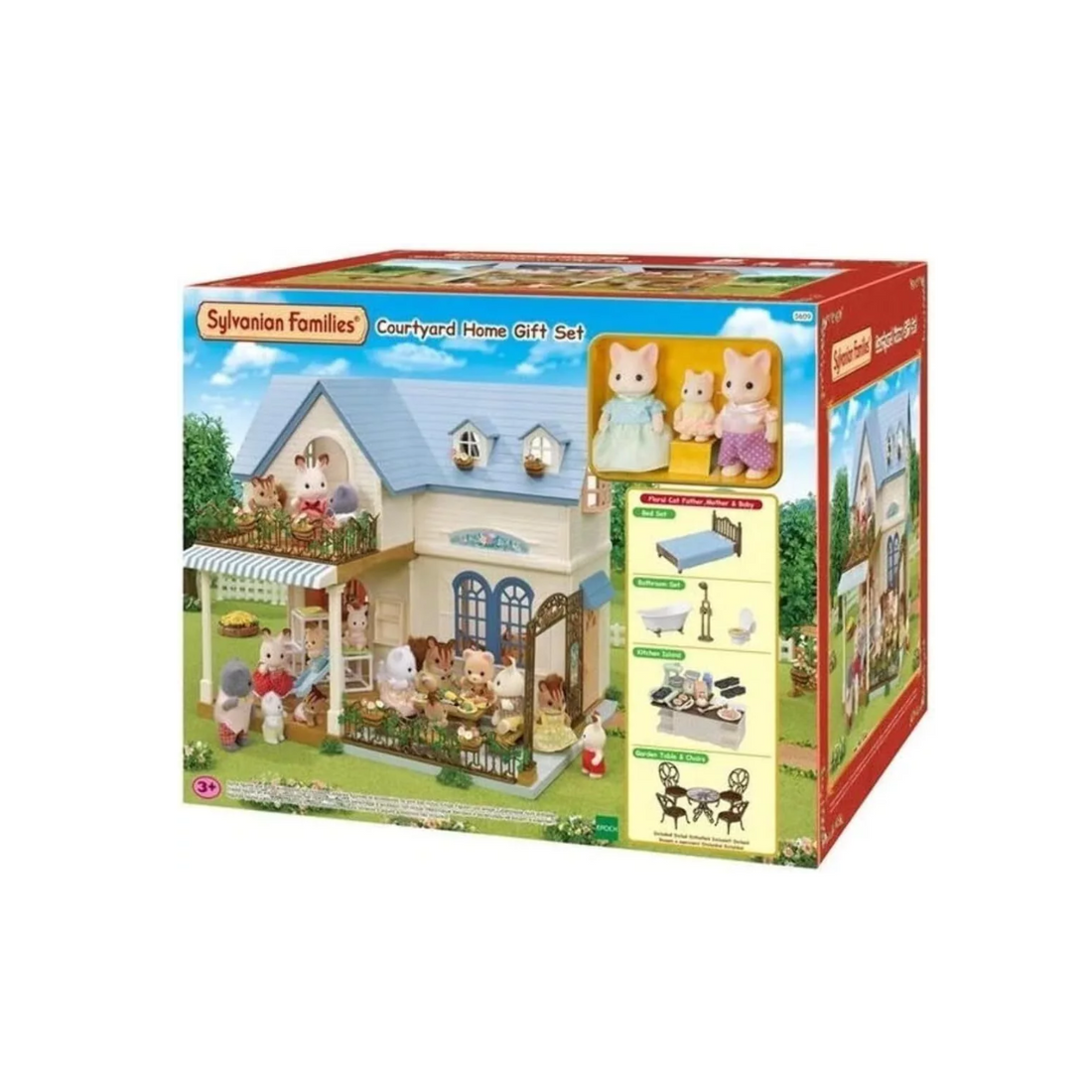 SylvanianFamilies森贝儿家族｜Courtyard Home Gift Set-Floral Cat蓝色度假别墅+丝绸猫套组/玩具/过家家5609
