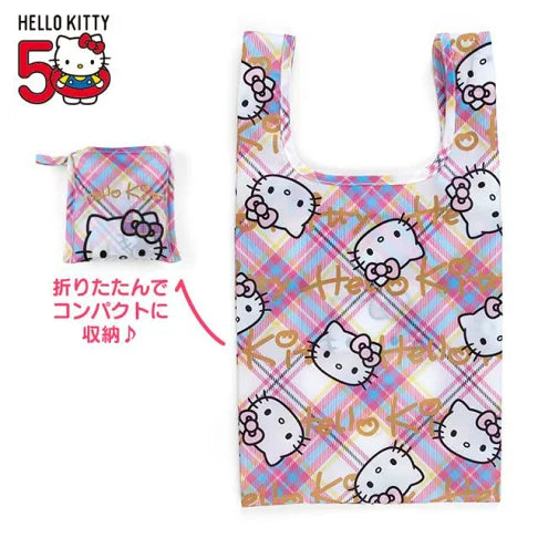 Hello kitty凯蒂猫｜50周年限定苏格兰少女格纹洋装kitty折叠环保袋｜约26 x 33 x 11 cm