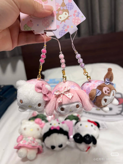 Sanrio三丽鸥｜Mascot Strap Nagomi日式粉彩碎花毛绒圆滚滚玩偶挂件/包挂｜约5.5×7.5×5.5cm