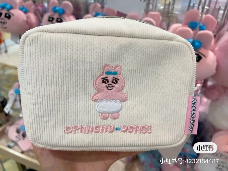 Opanchu usagi｜内裤兔白色灯芯绒化妆包/收纳包/内衬也可爱｜约 175x120x60mm