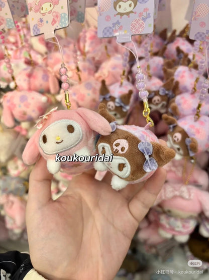 Sanrio三丽鸥｜Mascot Strap Nagomi日式粉彩碎花毛绒圆滚滚玩偶挂件/包挂｜约5.5×7.5×5.5cm