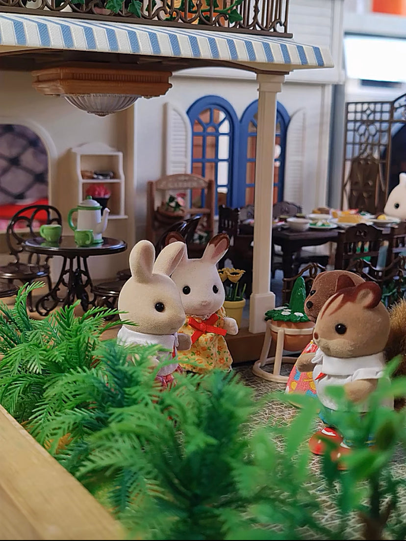 SylvanianFamilies森贝儿家族｜Courtyard Home Gift Set-Floral Cat蓝色度假别墅+丝绸猫套组/玩具/过家家5609