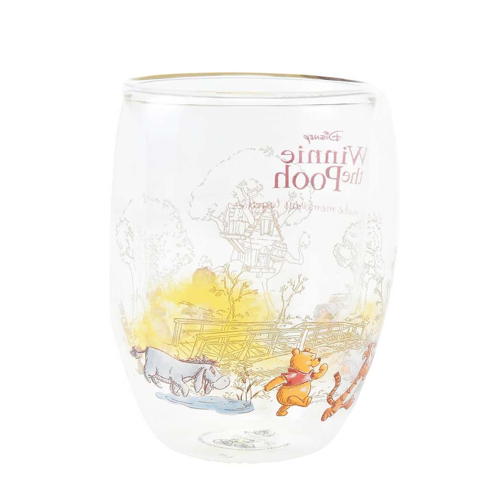 Disney｜噗噗小熊维尼双层耐热玻璃杯+勺子礼盒装/杯子一圈的图案都很精美/金边杯口｜高さ約13.7×幅10×奥行き10(cm)