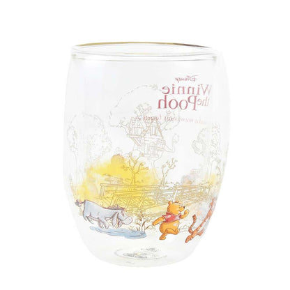 Disney｜噗噗小熊维尼双层耐热玻璃杯+勺子礼盒装/杯子一圈的图案都很精美/金边杯口｜高さ約13.7×幅10×奥行き10(cm)