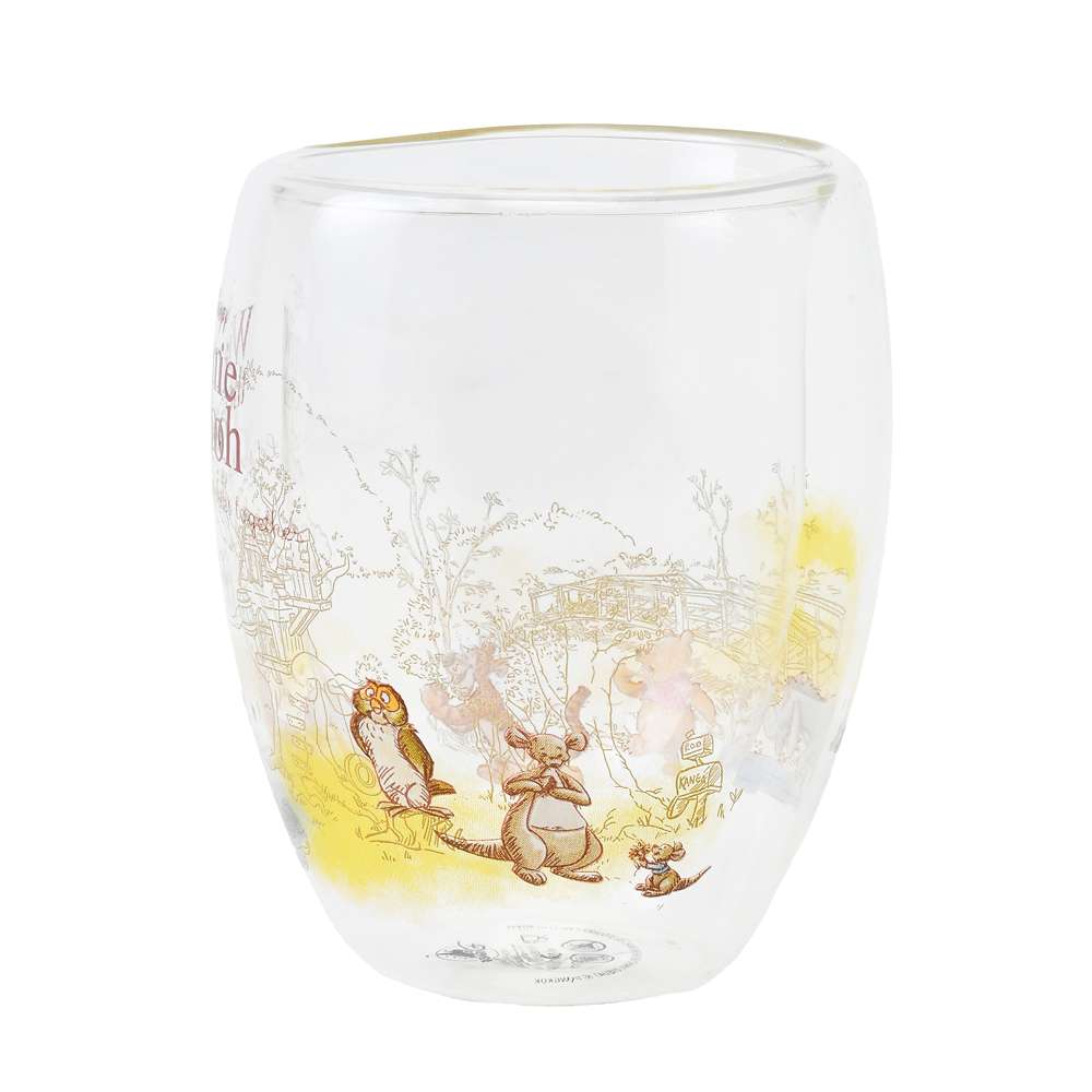 Disney｜噗噗小熊维尼双层耐热玻璃杯+勺子礼盒装/杯子一圈的图案都很精美/金边杯口｜高さ約13.7×幅10×奥行き10(cm)