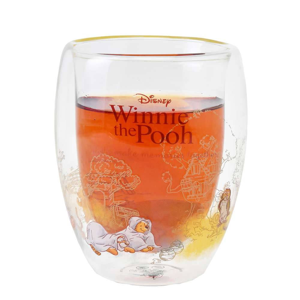 Disney｜噗噗小熊维尼双层耐热玻璃杯+勺子礼盒装/杯子一圈的图案都很精美/金边杯口｜高さ約13.7×幅10×奥行き10(cm)