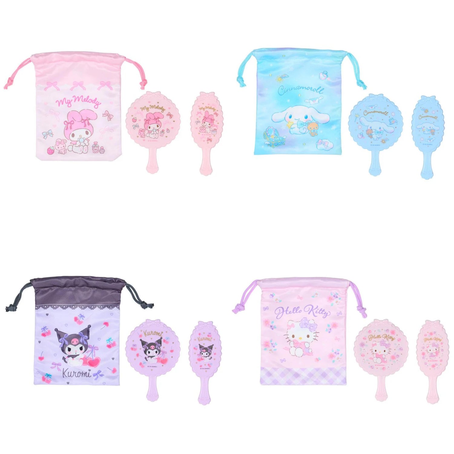 Sanrio｜Mirror &amp; Hairbrush Set with Pouch Set｜8×0.8×12cm approx.