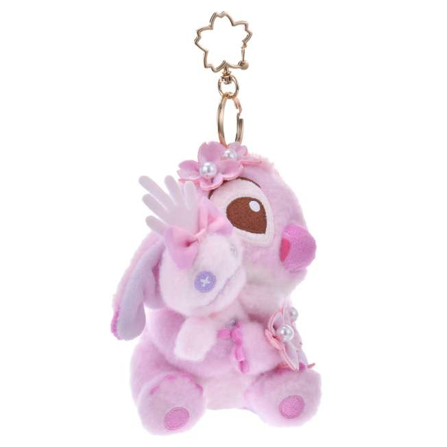 Disney迪士尼｜Cherry Blossom Sakura 2025Collection Stitch &amp; Scrump Plush Keychain东迪2025年限定樱花粉史迪仔抱小金毛绒玩偶钥匙扣挂件/包挂/樱花造型钥匙圈｜约高さ13.5×幅12×奥行き9(cm)