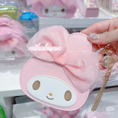 Sanrio三丽鸥｜My Melody Birthday 50th Anniversary Princess Ribbon Pass Case美乐蒂50周年生日粉桃甜心系列脸型可伸缩皮质感卡包/包挂｜约1.6 x 14.5 x 13.0cm