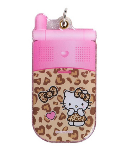 Hello Kitty凯蒂猫｜ Sanrio Slide Flip Phone Keychain/ Gogo Gal Collection Leopard Pink怀旧复古辣妹系列翻盖手机造型钥匙扣挂件/包挂｜约4.5×0.7×9cm