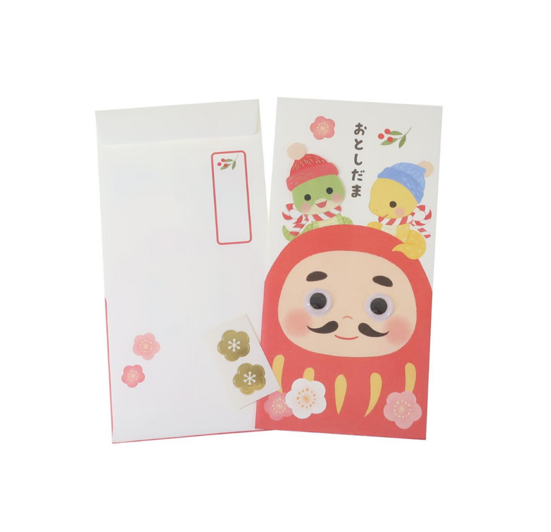 达摩手工立体新年贺卡信封+金色贴纸套装/红包/2枚入|約90x180mm