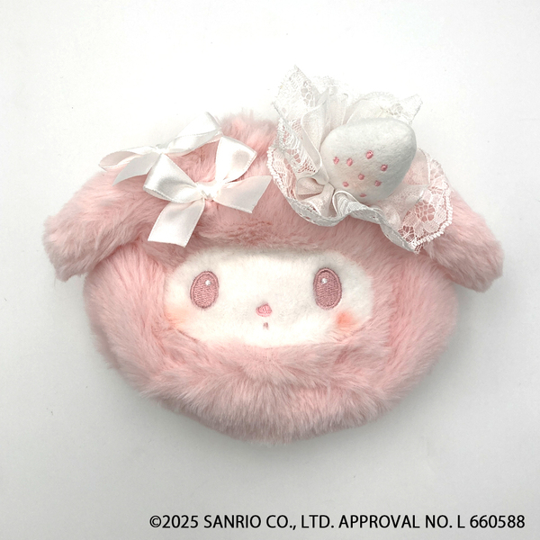 Sanrio｜My Melody White Strawberry Tea Time Round Drawstring Bag｜H13.5cm x W19.5cm x D8.5cm approx.