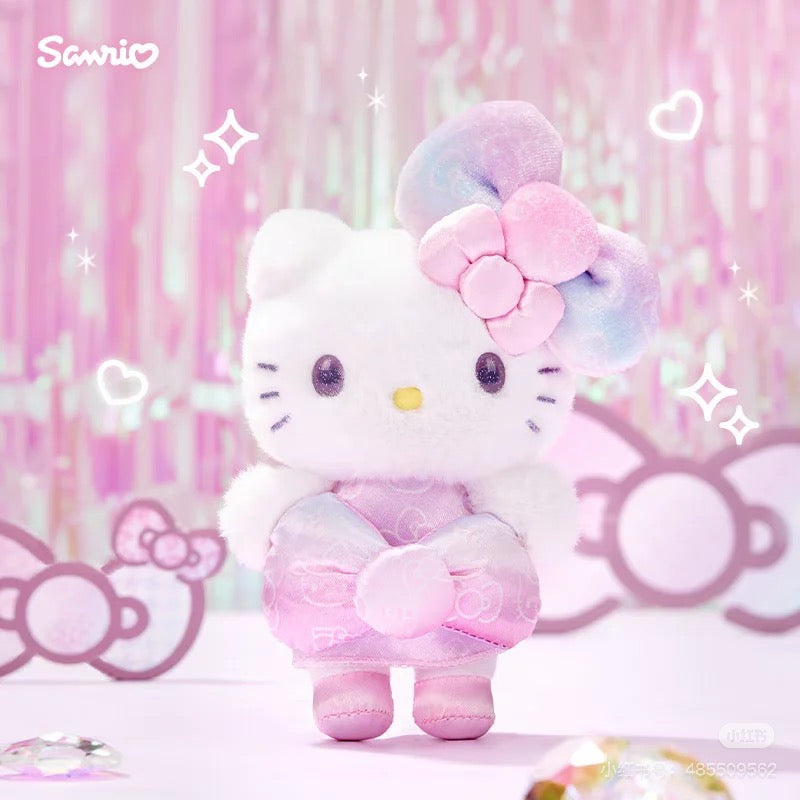 HelloKitty凯蒂猫｜Birthday 50th The Fashionable Ribbons Sanrio 50周年生日限定丝绒彩虹渐变蝴蝶结毛绒玩偶挂件/包挂/眼睛里有星辰｜约幅12×奥行5×高さ16cm