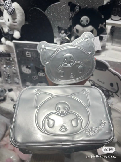Sanrio三丽鸥｜ Face-shaped Pouch Monotone黑白印象千鸟格系列可爱角色爱心拉链脸型皮质感零钱包挂件/包挂/里面也有可爱图案｜约14.5×4×12.7cm