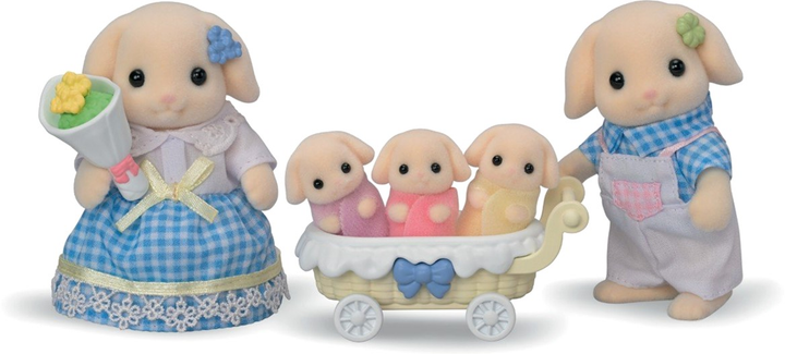 SylvanianFamilies森贝儿家族｜Flora Rabbit Family芙罗拉垂耳兔家族一家五口三胞胎套组/玩具/过家家5735