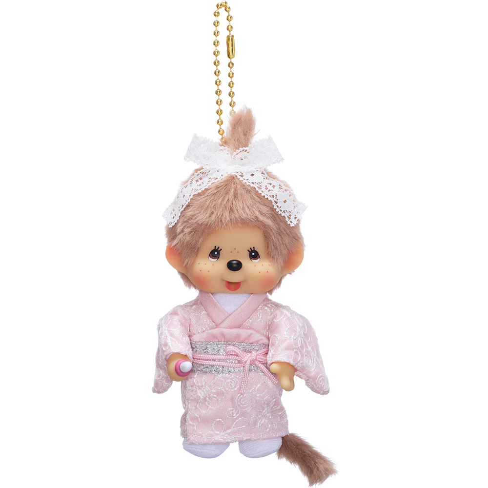 Monchhichi｜Kimono Pink Girl Mascot Holder /Plush Keychain｜8×7.5×15cm approx.