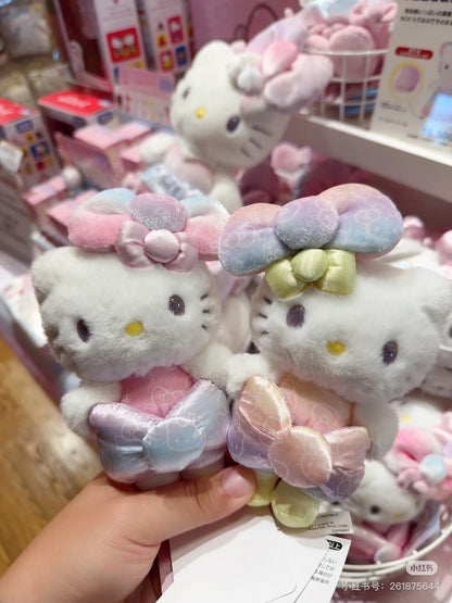HelloKitty凯蒂猫｜Birthday 50th The Fashionable Ribbons Sanrio 50周年生日限定丝绒彩虹渐变蝴蝶结毛绒玩偶挂件/包挂/眼睛里有星辰｜约幅12×奥行5×高さ16cm