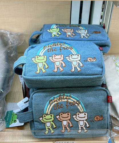 Pickles Frog泡菜蛙｜EDWIN Square Pouch Crayon Touch水洗蓝大容量精致刺绣手提化妆包/收纳包｜约H12×W19×D5cm