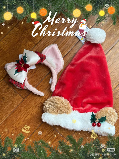 Disney迪士尼｜东迪圣诞冬日Duffy达菲毛绒耳朵红色丝绒帽子/正反面都可爱