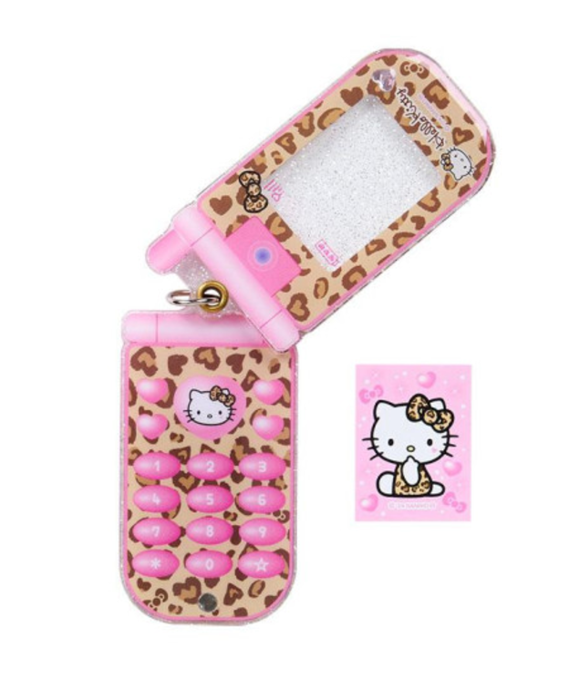 Hello Kitty凯蒂猫｜ Sanrio Slide Flip Phone Keychain/ Gogo Gal Collection Leopard Pink怀旧复古辣妹系列翻盖手机造型钥匙扣挂件/包挂｜约4.5×0.7×9cm