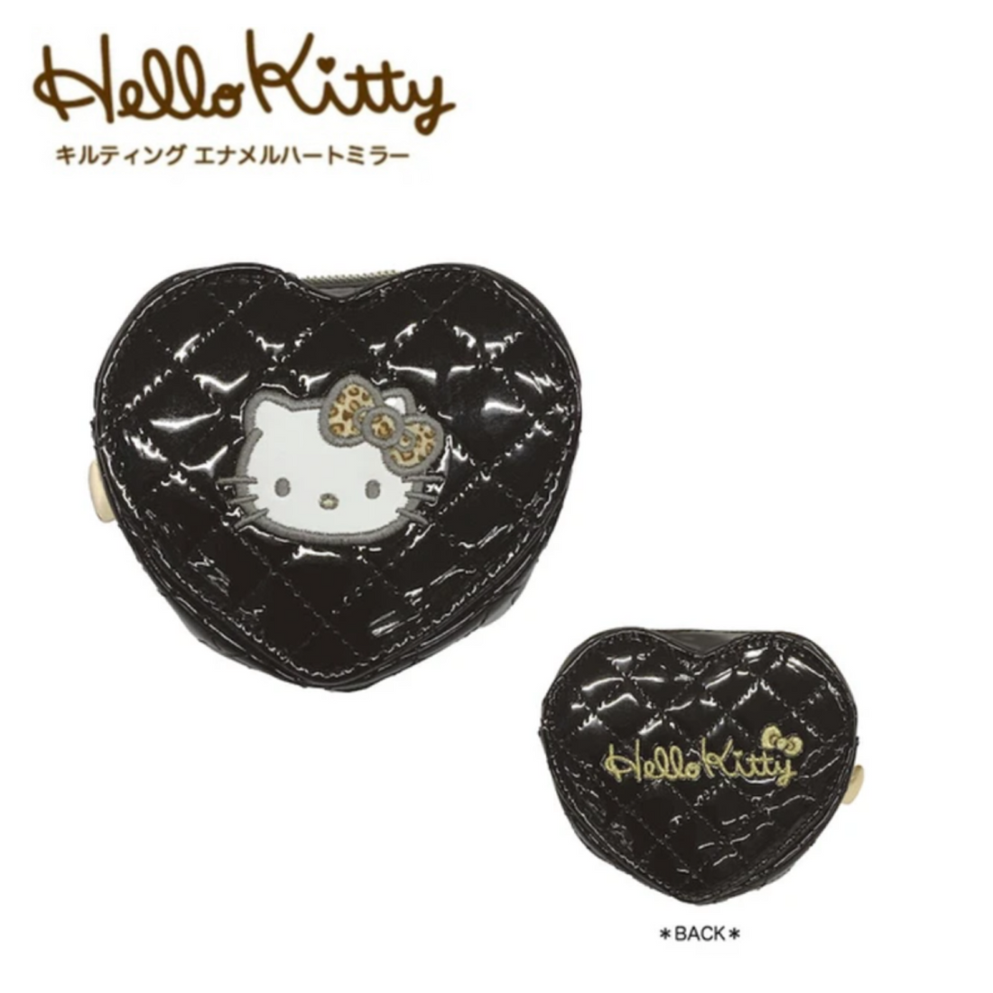 Hello Kitty凯蒂猫｜Quilting Enamel Heart Coin Case Black豹纹黑色爱心形菱格纹拉链迷你零钱包挂件/小收纳包/正反面都可爱｜约H90XW100XD25mm